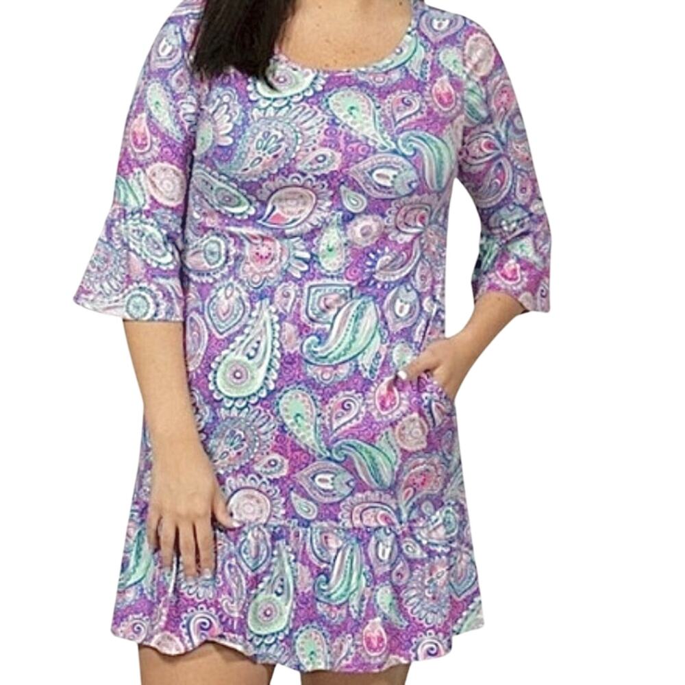 NWT Simply Southern Paisley Dress M Purple Pink Ruffle Bell Sleeve With Pockets
